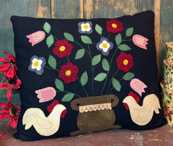 JZ-14 Wool Chickens & Flowers Pillow