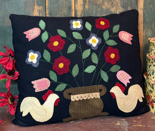 JZ-14 Wool Chickens & Flowers Pillow