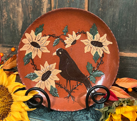 DTS-194 Redware Crow & Sunflowers Plate