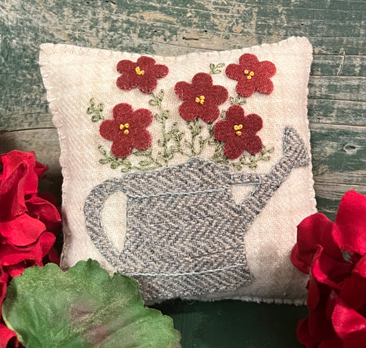 PB-48D Small Wool Watering Can Pillow with Red Flowers