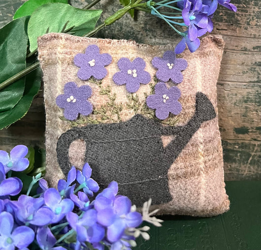 PB-48A Small Wool Watering Can Pillow with Lilac Flowers