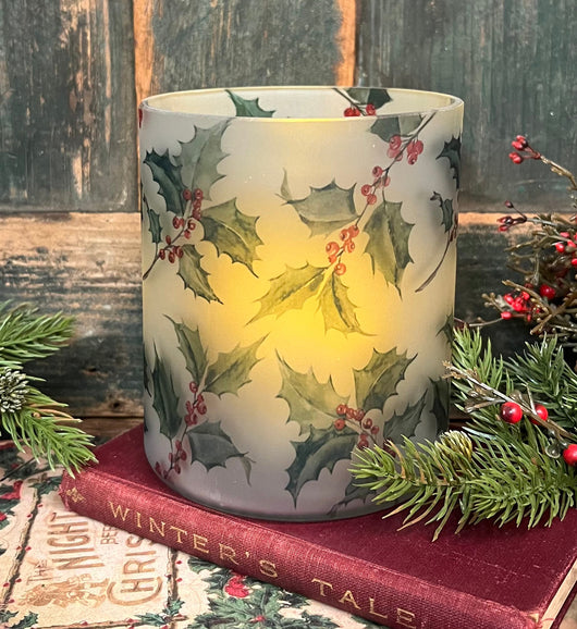NET-GHH Glass Candle Holder with Holly Design