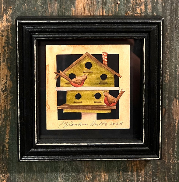 PJH-216 Green Birdhouse & Birds Framed Paper Cutting