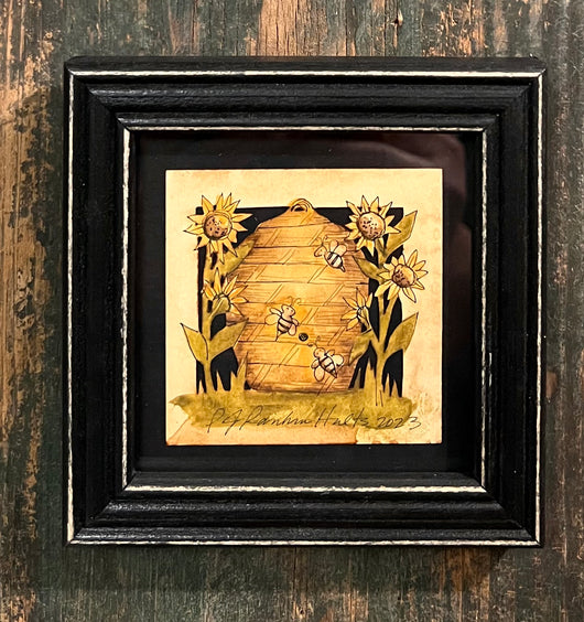 PJH-215 Beeskep & Bees Framed Paper Cutting