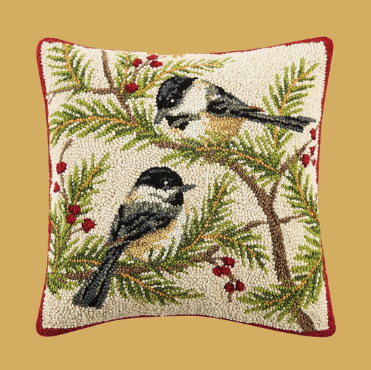 PH-122 Two Chickadees Wool Hooked Pillow