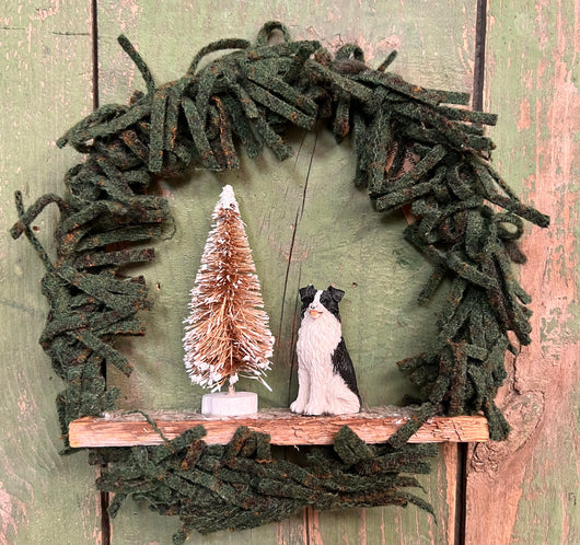 PB-18D Hand-made Sm Wool Wreath with Dog & Tree