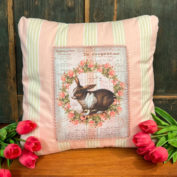 PB-36 Bunny with Rose Wreath Pillow (Pink Background)
