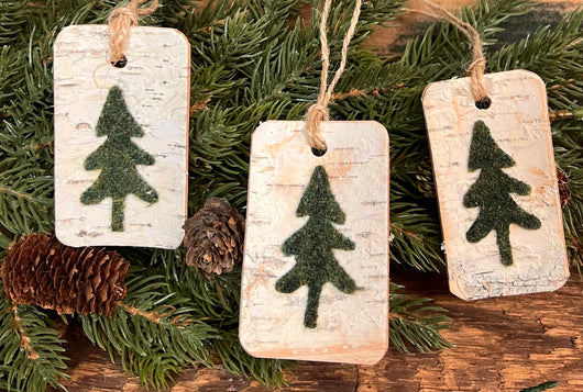 PB-09 Birch Tags/Ornaments with Wool Trees - Set of 3