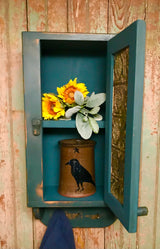 OTC-03BL Hanging Wood Cupboard with Rusty Tin Panel - Blue/Green over Pumpkin