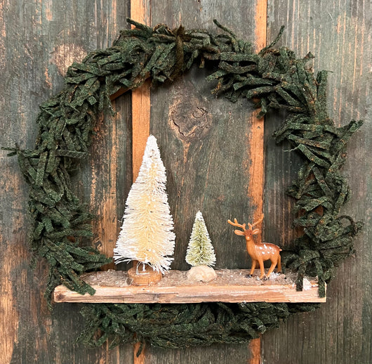 PB-19A Hand-made Med Wool Wreath with Stag & Tree