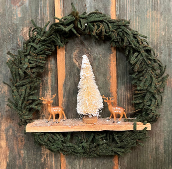 PB-19E Hand-made Med Wool Wreath with Stags & Tree