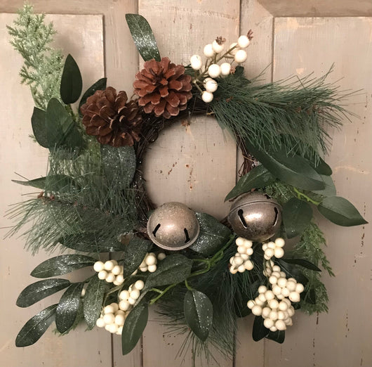 SU-015 Faux Pine, Silver Bells, Cones & White Berries Wreath
