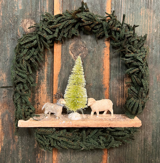 PB-19C Hand-made Med Wool Wreath with Reindeer, Lamb & Tree
