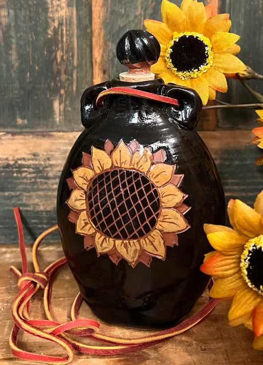 EJS-97 Black Pottery Flask with Cork - Sunflower