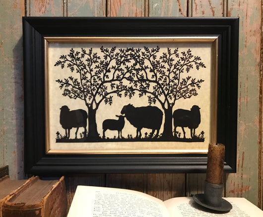 MB-4SH Four Sheep Under Trees Framed Silhouette
