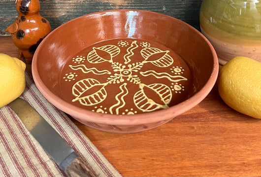 SE-172 Redware Pie Dish with Floral Design