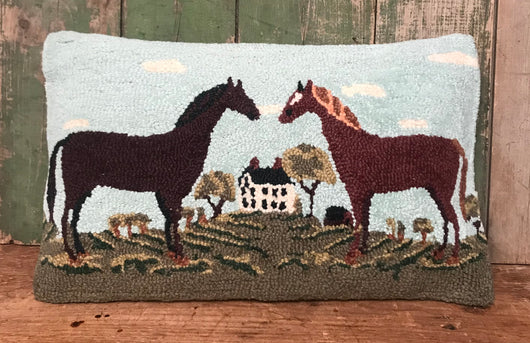 PH-030 Two Horses Wool Hooked Pillow